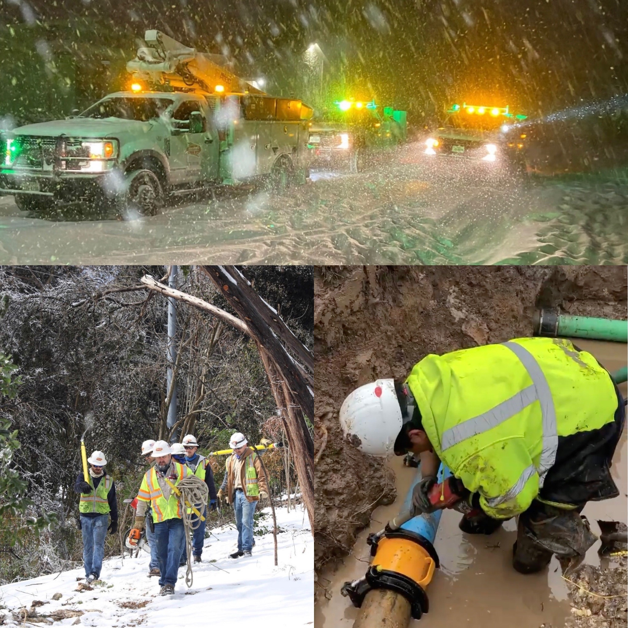 photos of city staff working in the snow, at night, and in knee-high water to fix broken infrastructure