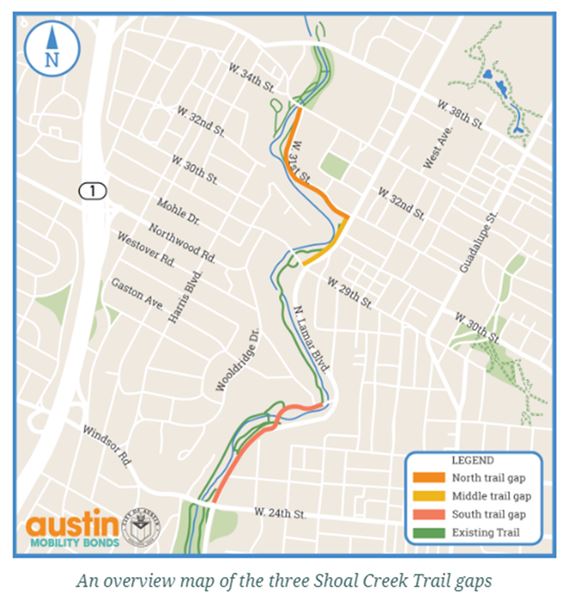 an overview map of the three shoal creek trail gaps