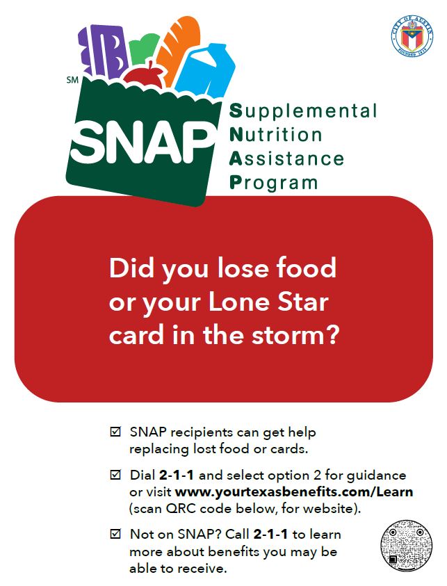 Did you lose food or your lone star card in the storm? Click this image or call 2-1-1 for help.