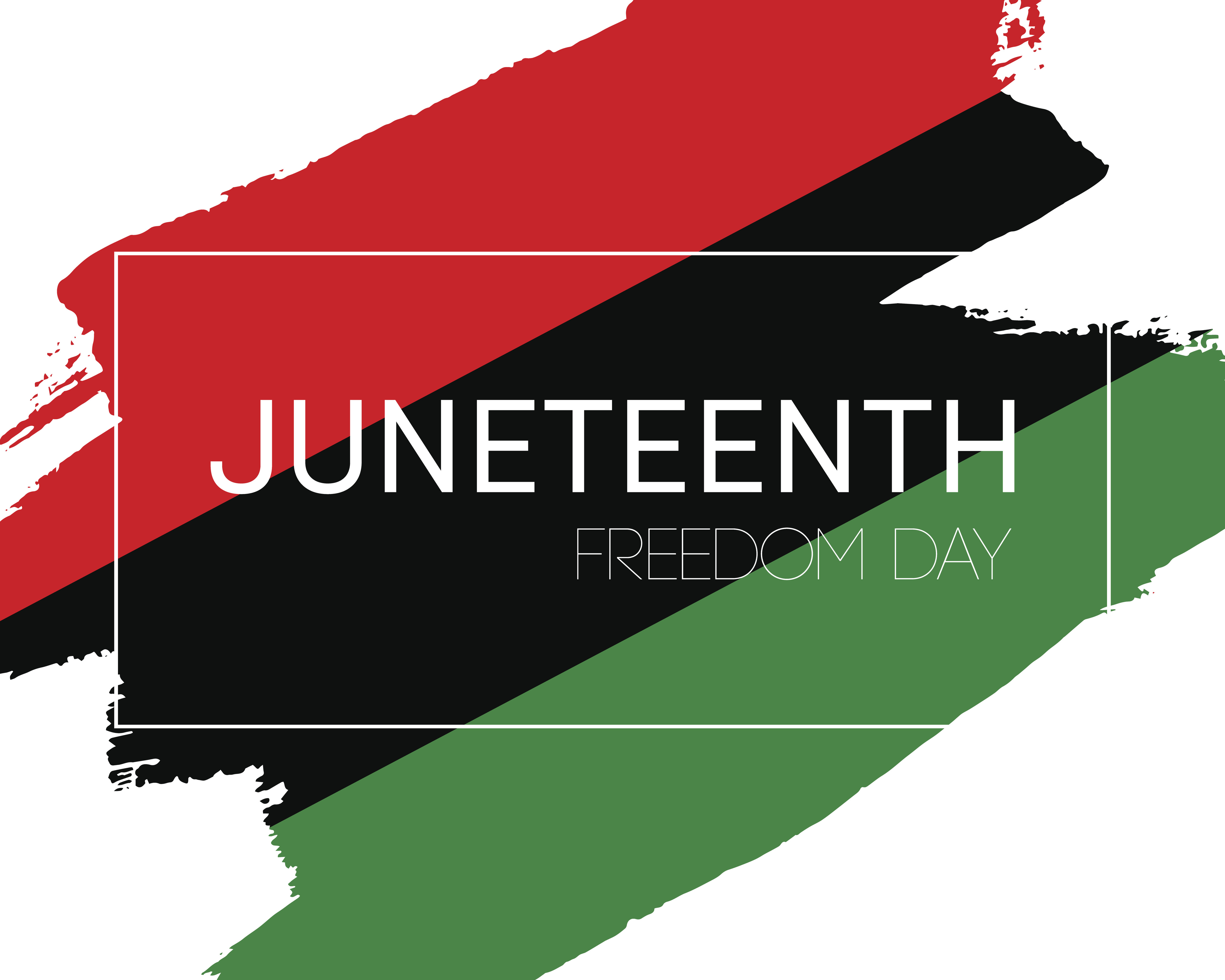 “Juneteenth“ in large text, “Freedom Day“ in smaller text, on red, black, and green painted stripes
