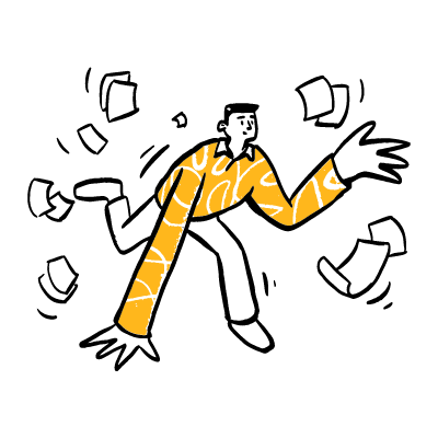 Ilustracja osoby otoczonej kartkami papieru